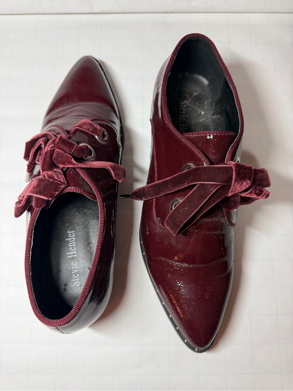 Stevie Hender Burgundy Patent Velvet Lace-Up Flats